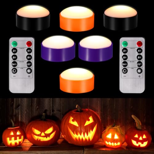 Image of Riakrum 6 Pieces Halloween Remote Timer LED Lights with Remote Summer Halloween LED Pumpkin Lights Battery Operated Lantern Bright Flameless Candle(Orange Purple, Black)