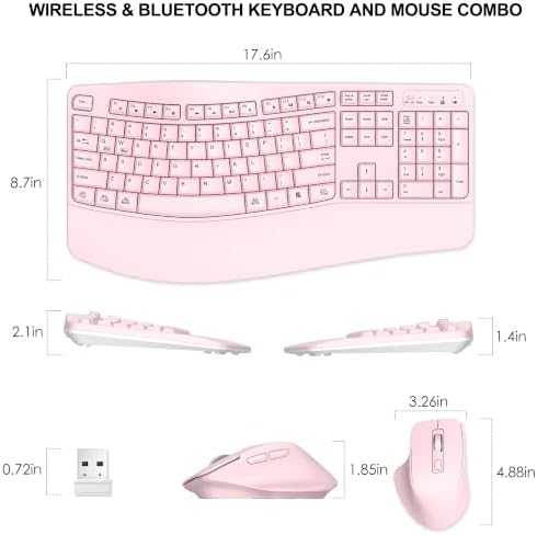 Wireless Keyboard and Mouse Combo, 2.4G Ergonomic Wave Keys(Light Pink) — view 7