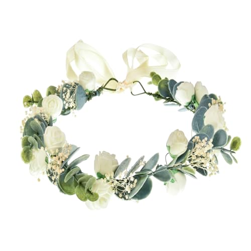 June Bloomy Greenery Leaf Crown Rustic Wedding Headpiece Bridal Headband Photo Prop (White Babysbreath)2