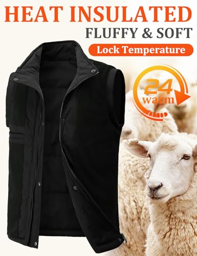 Flygo Men's Winter Warm Outdoor Padded Puffer Vest Thick Fleece Lined Sleeveless Jacket(Black L)2