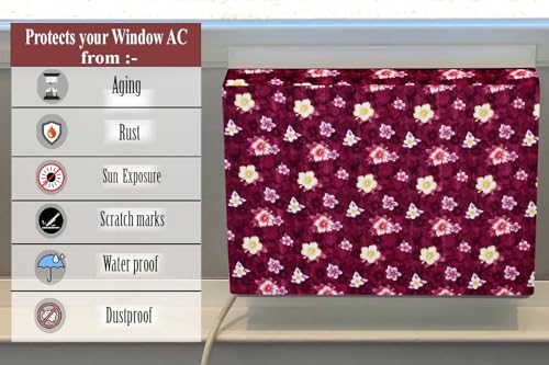 Image of The Furnishing Tree Elastic fit waterproof Polyester window ac cover suitable for Croma 1.5 Ton, Dustproof cover for inner and outer section, In CM: (62.23x66.04x43.18), Floral Pattern Red
