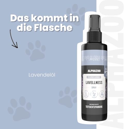alphazoo Lavellness Fellspray für Hunde 250 ml – mit Lavendelöl, Aloe Vera, Jojobaöl & Sheabutter. Pflegt Fell & Haut, verleiht Glanz & Geschmeidigkeit. Sanfte Fellpflege für leichte Kämmbarkeit.