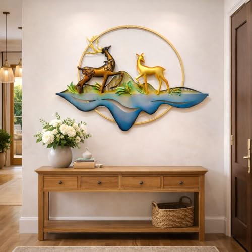 Image of SHREE 'O' GREEN TECH - Iron Handcrafted Metal Golden Deer Wall Art Vertical Leaf Frame Multicolor Decor for Home, Living Room, Drawing Room & Bedroom Decor (Size 34x25 Inch)