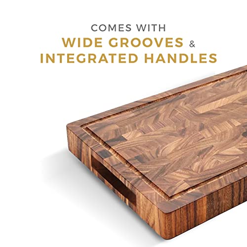 Silk Route Home Premium Acacia Butcher Block - 38 x 26 x 4 cm - Knife‑Friendly, Spill‑Guard Juice Groove & Finger‑Grooves - Heavy‑Duty Wood Chopping/Serving Board - Image 5