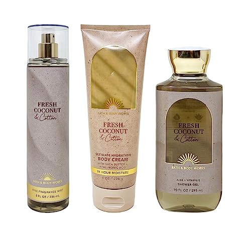 Bath & Body Works – Fresh Coconut & Cotton - 3 pc Bundle - Fine Fragrance Mist, Ultimate Hydration Body Cream and Shower Gel - Spring 2022