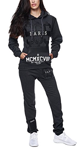 Code47 Damen Jogginganzug Jogging Hose Jacke Paris Dollar Sportanzug Sporthose Fitness Hoodie Anthrazit XXL