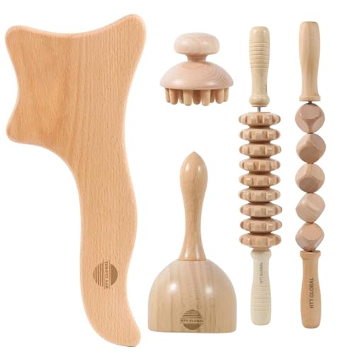 HTT GLOBAL Herramientas de masaje de terapia de madera para contornear y dar forma al cuerpo (5 piezas), kit de meroterapia con masajeador de drenaje linfático, herramientas de escultura corporal de