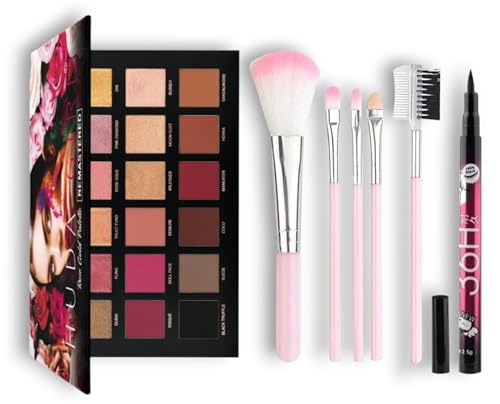 N.Y.N 7-in-1 Makeup Kit with Rose Gold Eyeshadow, 5 Pink Makeup Brushes, and Waterproof Eyeliner