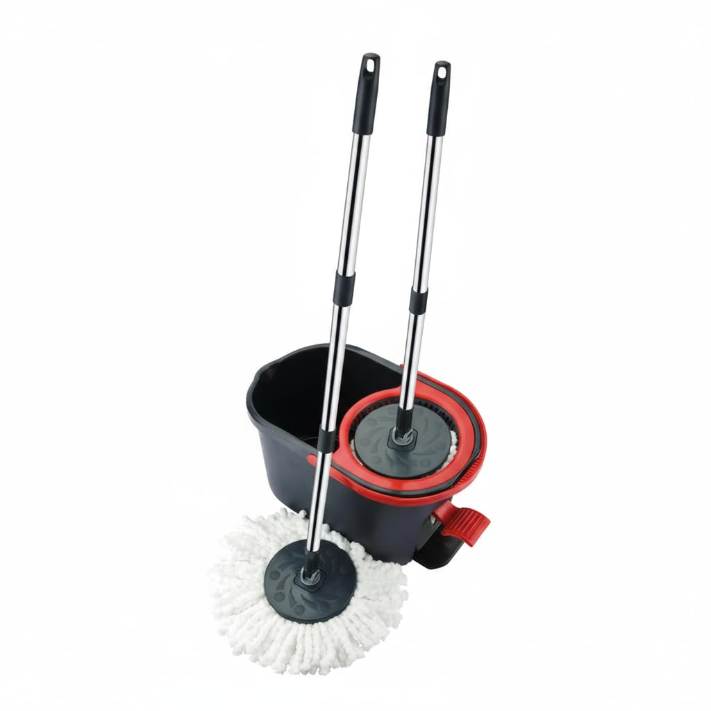 Mop mocio sistema automatico lavapavimenti con centrifuga Push & Spin, mocio rotante con secchio 13lt a pedale e con panno lavaggio in microfibra, rotomop con manico fisso 110cm, pulizia pavimenti
