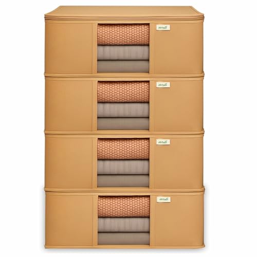 Image of JD FRESH 4 Pcs Non Woven Saree Covers /Storage Bags with Zip Cover /Space Saving Bag with Transparent Window /Wardrobe Cupboard Organizer for Clothes /Lehengas /Bedsheets (17 X 14 x 6.5 Inch /Orange)