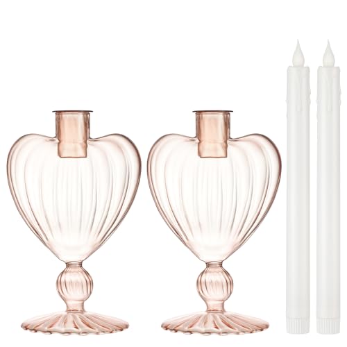 Image of Flameless Taper Candle with Vintage Glass Candle Holder, Set of 2, Wedding Dating Party Table Decor Centerpiece, Heart Shaped, Rose Gold