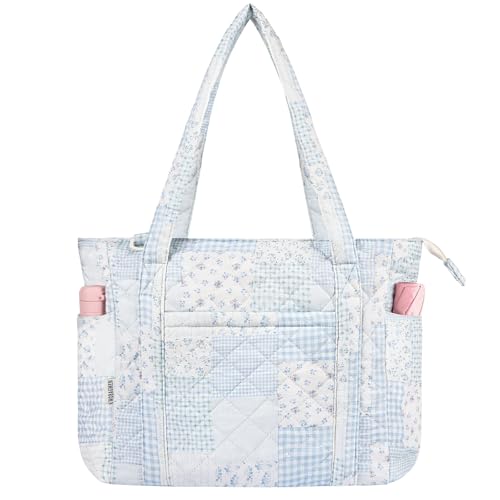 WOBAGMEN Quilted Tote Bag for Women, Lightweight Quilted Tote Bag with Zipper, Large Shoulder Bag with Compartments for Work, Travel, Gym (Blue Green Pin, M)