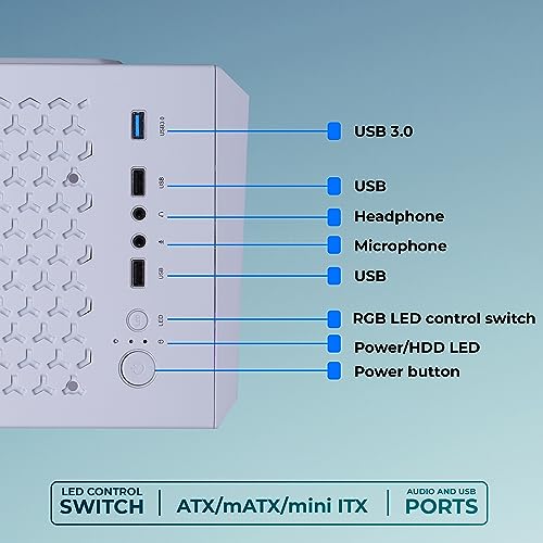 Image of ZEBRONICS Agon Mid-Tower Premium Gaming Cabinet - White, ATX /M-ATX /M-ITX, 1 x 120 mm RGB Inner Glow Rear Fan, LED Strip with Control Switch, Tempered Glass Side Panel, USB 3.0, USB 2.0 (White)
