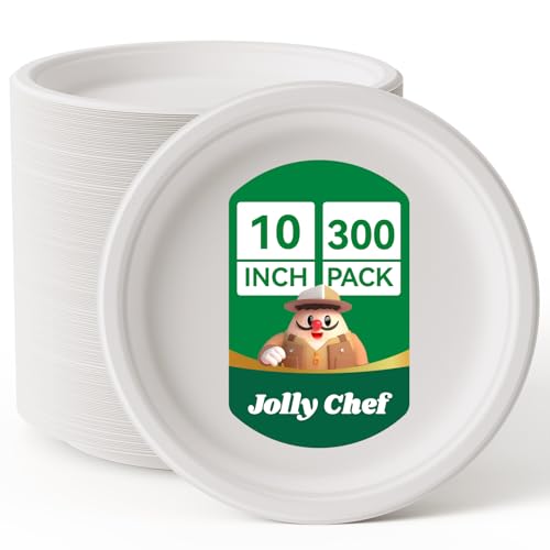 JOLLY CHEF Weiß Bagasse-Platten 100er Pack 10 Zoll Einweg-Papierplatten biologisch abbaubare Abendessen-Platten - Zuckerrohr in Großmengen für Partys und den täglichen Gebrauch