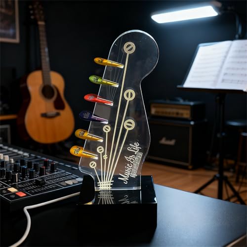 HOMHPLFE Support de médiator lumineux en acrylique pour médiator de guitare électrique en acrylique en forme de tête de guitare - Étui lumineux de rangement pour médiators - Chargement USB