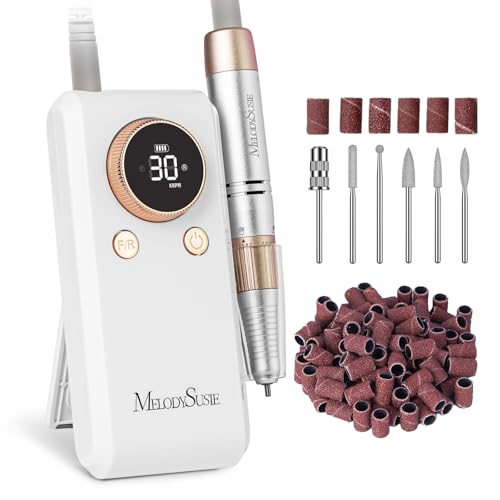 MelodySusie SC330G 2-in-1 Nagelfräser für Clip-on- und Tischgebrauch: Wiederaufladbare Professionelle Elektrische Nagelfeile mit LED-Anzeige 30.000 U/min für Acryl- & Gelnägel für Salon (Weißgold)
