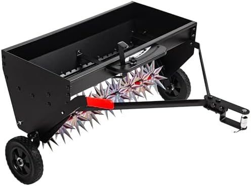 Suchtale Upgrade 40-Inch Tow Behind Spiker Seeder,Combination Tow Spike Aerator,Broadcast Spreader,Steel Hopper Lawn Drop Seed Fertilizer and Spreader,Lawn Soil Aerator Spikes Tractor