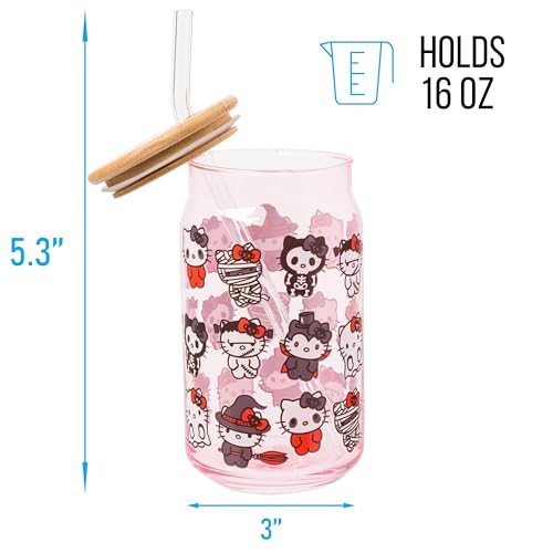 Silver Buffalo Sanrio Hello Kitty and Friends Halloween Spooky Costumes Ghost Witch Vampire Zombie Frankenstein Skeleton Pink Glass Jar Tumbler with Bamboo Lid and Glass Straw, 16 Ounces - Image 3