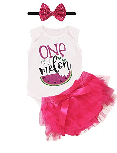 Shalofer Baby Girl One in A Melon Bodysuit Toddler 1st Birthday Tutu Skirt Set (Rose Red01,12-18 Months)