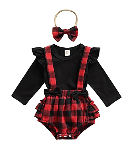 Image of Christmas Infant Baby Girls Romper Dress Plaid Ruffles Long Sleeve Bowknot Skirt Hem Jumpsuits Headband