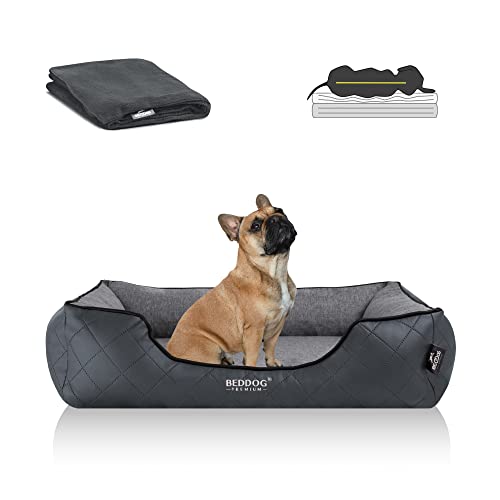 BedDog Premium Lettino Ortopedico per Cani WUFFI, Cuscino Memory Foam, Cuccia Pelle Sintetica, Coperta Regalo - Rock-Flow (Grigio/Grigio)