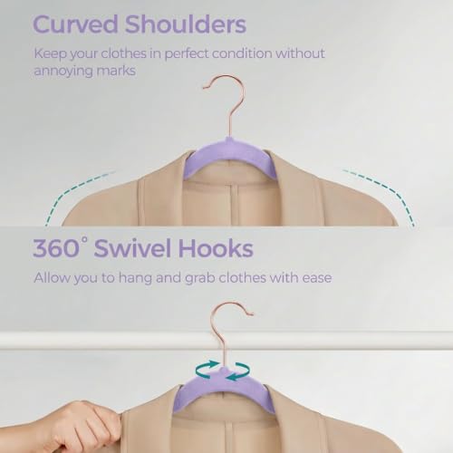 Image of Ginoya brothers Velvet Hangers,Non Slip Notched with Rose Gold Hook Coat /Suit Hangers,Space Saving 360 Degree Swivel Hook Clothes Hangers Wardrobe Hanger. (10, Lavender)