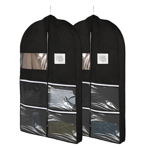 2 stück Kleidersack, Kleidersäck Lang 100x60cm, Atmungsaktive Kleiderhülle für Anzüge und Mäntel, 4 transparente Taschen, Schutztasche gegen Motten, Anzug Schutzhülle für Kleider, Jacken