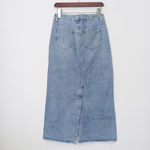 Women's Long Denim Skirt High Waisted Ripped Irregular Frayed Raw Hem A-Line Casual Jean Skirts4