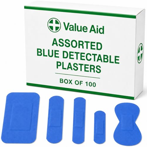 Value Aid Blue Detectable Plasters Box of 100 Assorted Plasters for Catering Kitchens and Food Handling Latex Free Washproof Assorted Sizes with Hypoallergenic Adhesive Individually Wrapped
