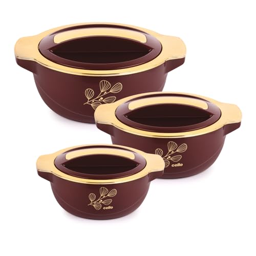 Image of CELLO Radiant Set of 3 Pcs Insulated Steel Casserole Hot Box For Kitchen, Burgundy (500ml, 1000ml, 1500ml) | Airtight Hot Pot Case Keeps Food Hot & Warm, Casserole Set For Roti Chapati Rice Biryani