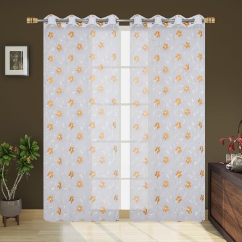 Image of Embroidered Floral Sheer Net Curtain for Window - 5x4 Feet - Transparent Golden Net Curtain - Pack of 1 - Elegant Lightweight Decor for Living Room & Bedroom