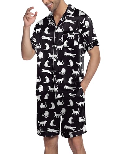 Image of Ekouaer Mens Satin Pajamas Set Button-Down Short Sleeve Shirt Top Soft Silk Sleepwear Shorts with Pockets