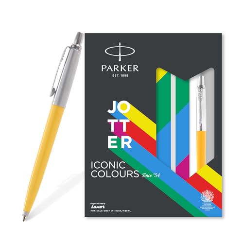 Image of Parker Jotter Standard Chrome Trim Ball Pen and Notebook, Yellow Body, Blue Ink, Fine Point - Ideal Gift Set for Professionals and Students