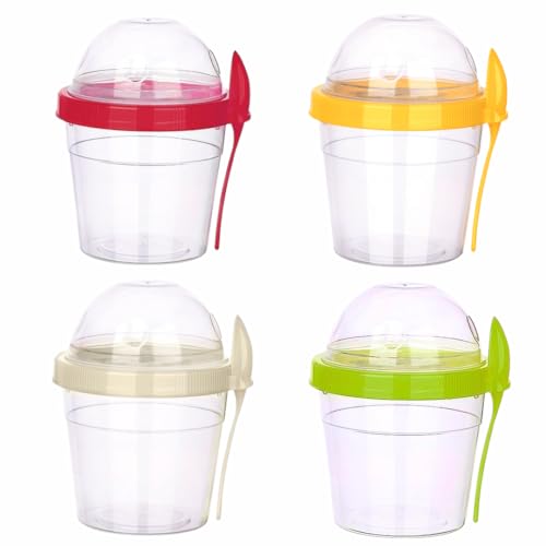 EYNEL 4 Pack 17 oz Small Breakfast On The Go Yogurt Parfait Cups, Reusable Plastic Containers with Lids and Spoons, Perfect Jars for Overnight Oats Cereal Granola Oatmeal (4 Colors - Set 2) - Thumbnail 6
