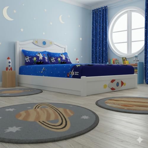 Image of Filymore Kids Double bedsheet Space and Astronaut Theme 240 TC Microfiber Soft Cartoon King Size bedcover for Kids Room (90x90 Inches)(SkyBlue and Grey)