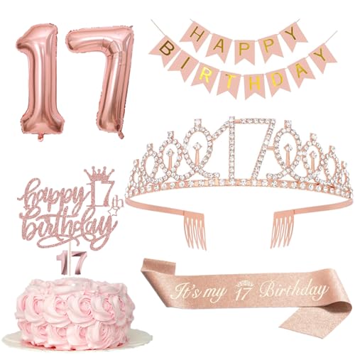 Decorazione per 17° compleanno ragazza, 17° compleanno corona e fascia, striscione Happy Birthday, decorazione torta e candele, palloncino in pellicola oro rosa 17, regalo di compleanno per 17 anni