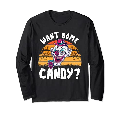 ¿Quieres algunos dulces espeluznante payaso Halloween dulces amante Manga Larga
