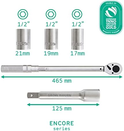 Torque Wrench Set 1/2 inch with Extension and 17, 19, 21 mm Socket from WIESEMANN 1893 | Automatically Triggered with clockwise Tightening & Dual Scale | Made from Chrome-Plated CV Steel | 80386