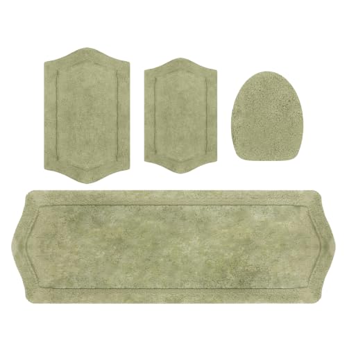 Home Weavers Waterford Collection 100% Cotton Tufted Bath Rug, Extra Soft and Absorbent Bath Rugs, Non-Slip Bath Mats, Machine Washable Bath Mats for Bathroom, 4 Piece Set with Toilet Lid Cover, Green