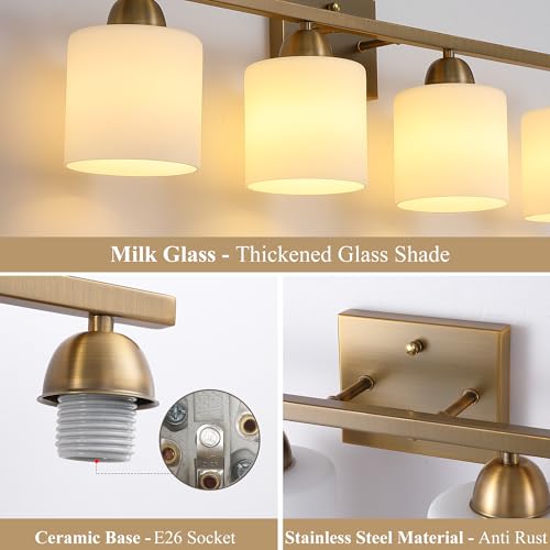 Image of Mecgirn Milk Glass Vanity Lights for Bathroom, 4 Light Brass Bathroom Light Fixtures Over Mirror, Ceramic E26 Sockets Wall Mounted