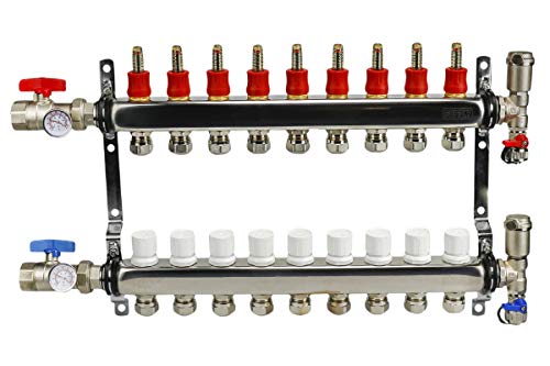 Image of Midline Valve NQT109 PEX Manifold 1 /2 in. for Radiant Heating System; with Valves, Vents, Gauges, and Mounting Brackets; Stainless Steel; 9 Port