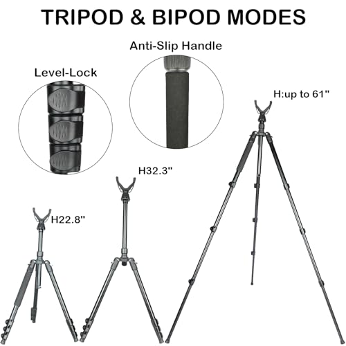 Image of Adjustable Shooting Tripod for Rifles Shooting Stick Level-Lock 3-in-1 Tripod Monopod Bipod, 22.8″-61″ Height, Lightweight Aluminum Alloy with Carrying Bag, Stable Rifle Rest for Hunting & Outdoor