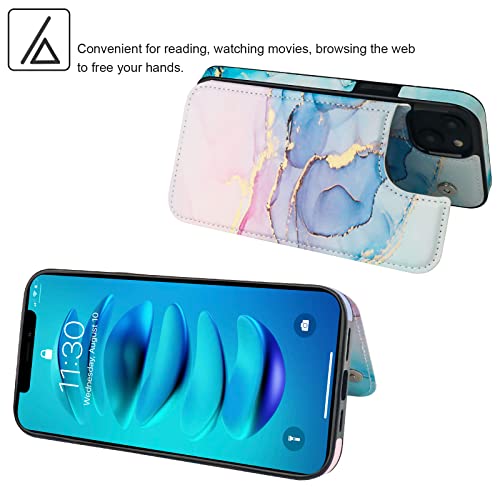 Haopinsh For Iphone 14 Wallet Case With Card Holder, Pink Blue Marble Pattern Back Flip Folio Pu Leather Kickstand Card Slots Case For Women Girls, Double Magnetic Clasp Shockproof Cover 6.1" #TOP4
