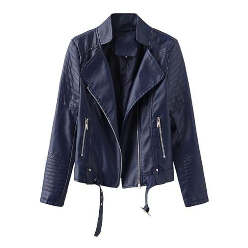 Silunma2021 Chaquetas de cuero fino de color sólido para mujer, con cremallera, casual, de manga larga, abrigos elegantes y cómodos (azul, 3XL)