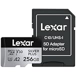 Lexar 256GB Professional Silver Plus Micro SD Card, UHS-I, C10, U3, V30, Full HD & 4K, Up to 205/150 MB/s microSDXC Memory Card, for Videographers, Gamers (LMSSIPL256G-BNANU)