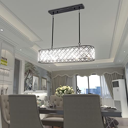 Maxax Rectangular Crystal Kitchen Island Chandelier, 5 Lights Rectangle Ceiling Lighting Beaded Drum Shade, Flush Mount Pendant Light for Dining Room, Living Room, Kitchen, Antique Black