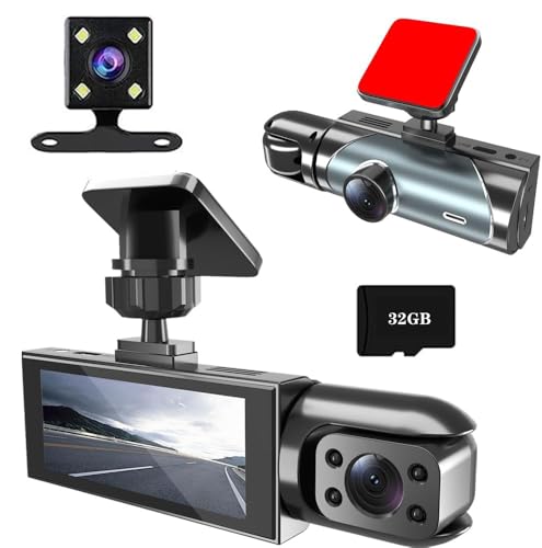 WAVANCKY Caméra Dashcam, 1080P Dashcam Voiture Avant et Arrière, 170° Grand Angle 3 Canaux avec Fil, SD 32GB Inclus, Vision Nocturne & Étanche, Enregistrement en Boucle 24H, G-Sensor