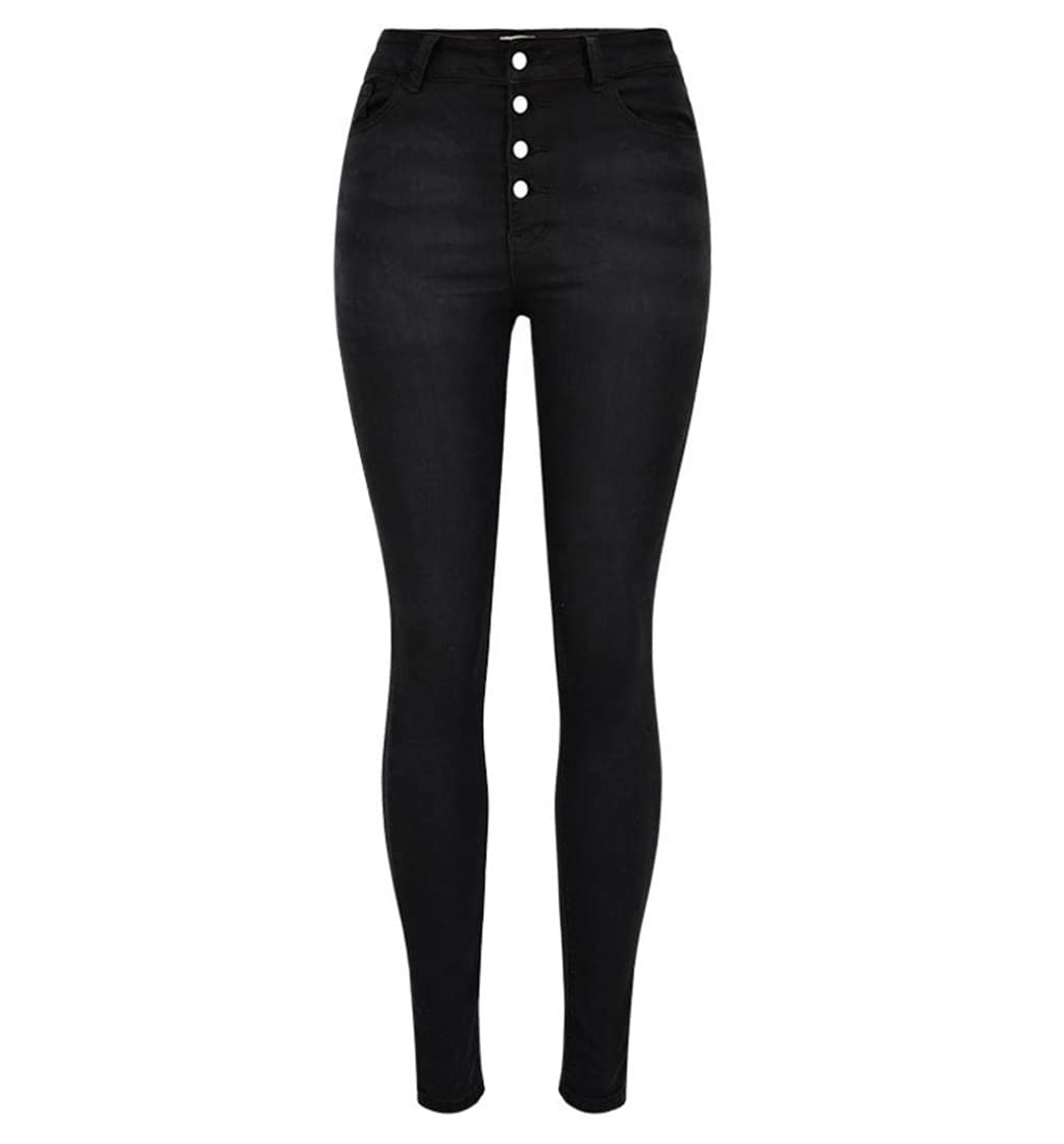 Dninmim Jeans moulants en coton taille haute pour femme Printemps Automne Noir, Noir , XL