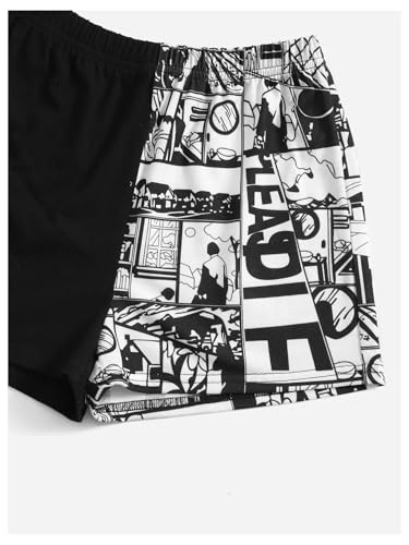 Image of OYOANGLE Girl's 2 Piece Outfits Graphic Crew Neck Crop Tank Top and Shorts Set Tracksuit Black and White 9Y