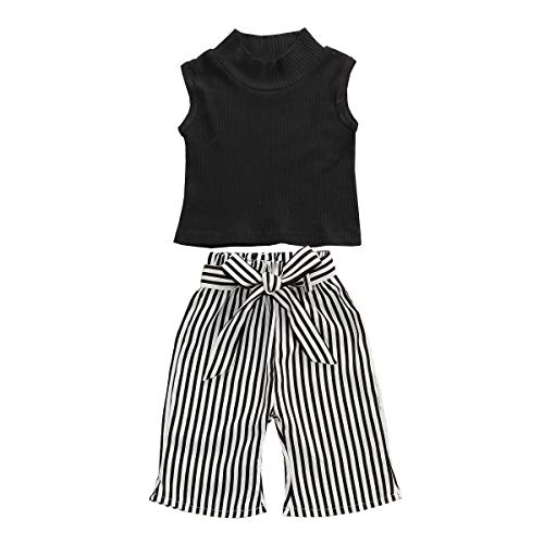 Loalirando Abito Completo Bambina Set Bambine Elegante Vestiti Bambine Estate Due Pezzi Senza Maniche Ragazza alla Moda Pantaloni con Cravatta a Righe (Nero, 3-4anni)